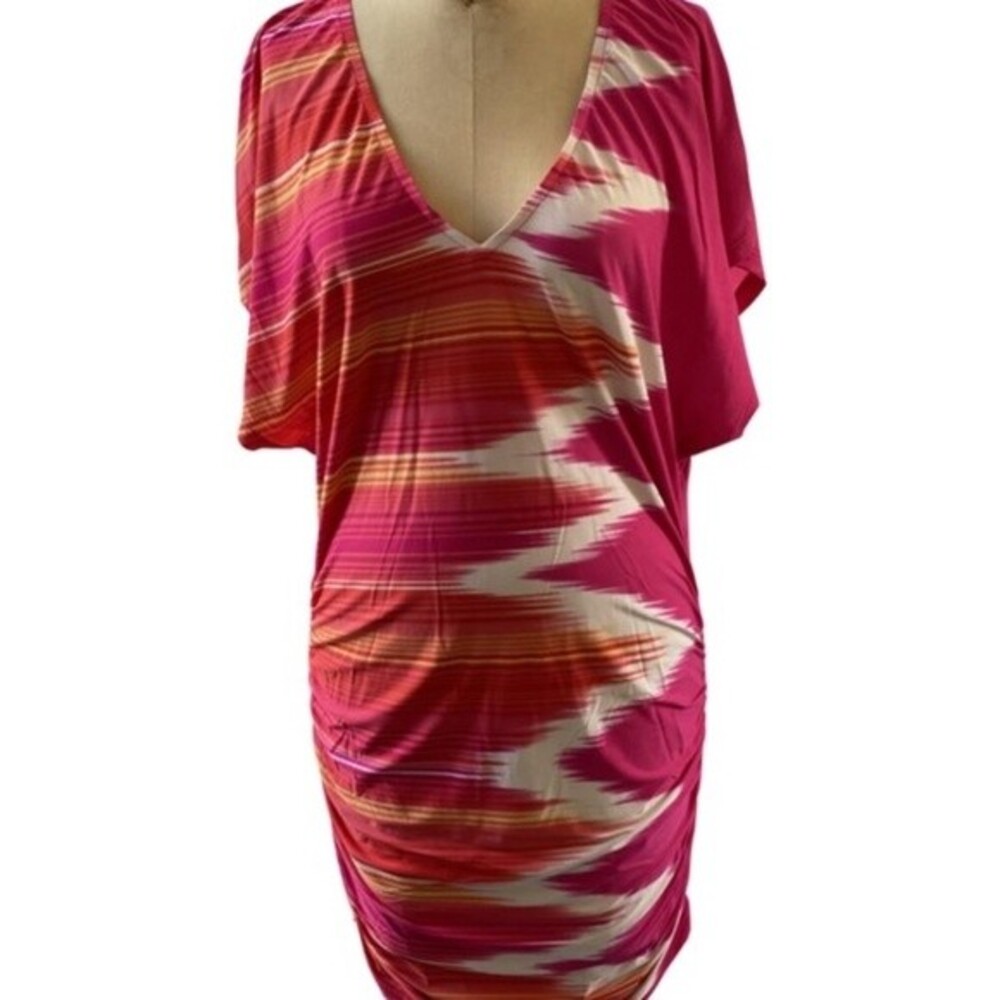 Carmen Marc Valvo Sherbert Rainbow Butterfly Sleeve Swim Cover Ruched Sides SZ M